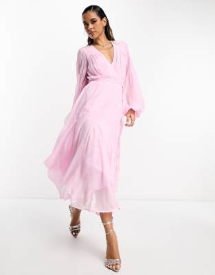 ASOS DESIGN - Midi-Wickelkleid in Rosa mit Ballonärmeln und Taillenband