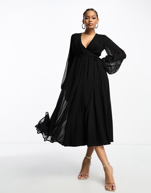 ASOS DESIGN Midi Wickelkleid in Schwarz mit Ballonarmeln und Taillenband