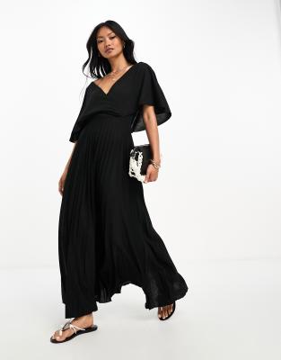 ASOS DESIGN - Midi-Wickelkleid in Schwarz mit Flatterärmeln und Faltenrock