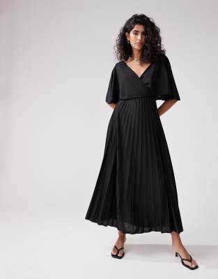 ASOS DESIGN - Midi-Wickelkleid in Schwarz mit Flatterärmeln und Faltenrock