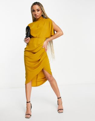 ASOS DESIGN - Midi-Wickelkleid in Senfgelb mit Kappärmeln und Schlitz