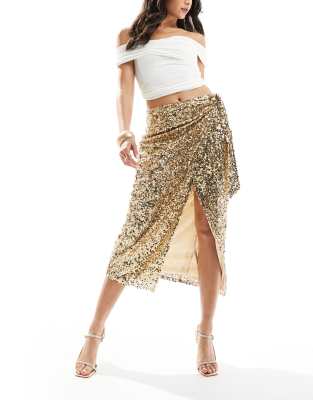 ASOS DESIGN - Midi-Wickelrock mit Paillettenbesatz in Gold-Goldfarben