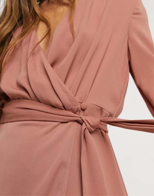 ASOS DESIGN - Midi wikkeljurk met kraagje en gestrikte ceintuur in terracotta, 3 van 4