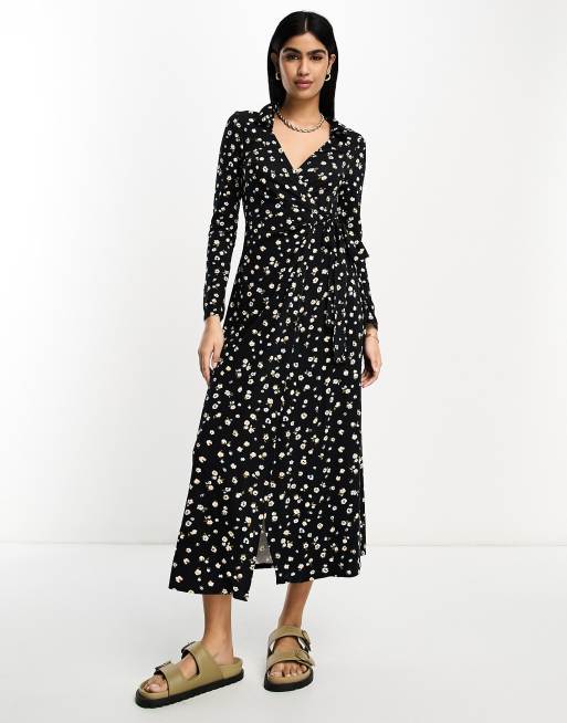 ASOS DESIGN - Midi-wikkeljurk met lange mouwen en kraagje in zwart met fijne bloemenprint