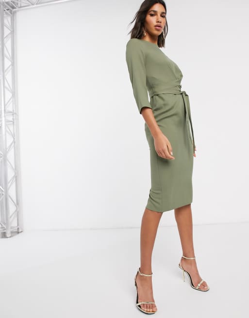 ASOS DESIGN - Midi-wikkeljurk met strikceintuur in kaki, 4 van 4