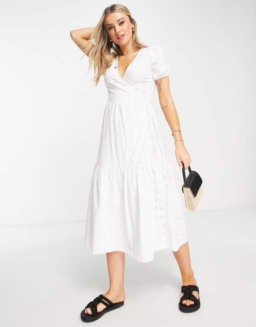 ASOS DESIGN - Midi-wikkeljurk met stroken, broderie en korte mouwen in wit