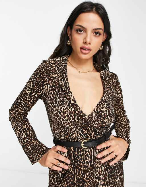 ASOS DESIGN midi wrap dress with belt in leopard print