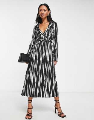 ASOS DESIGN midi wrap dress with belt in mono abstract print