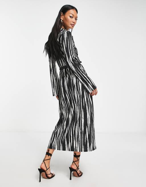 ASOS DESIGN midi wrap dress with belt in mono abstract print