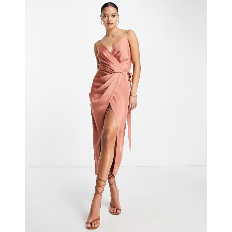 ASOS DESIGN midi wrap satin dress with drape detail in terracotta