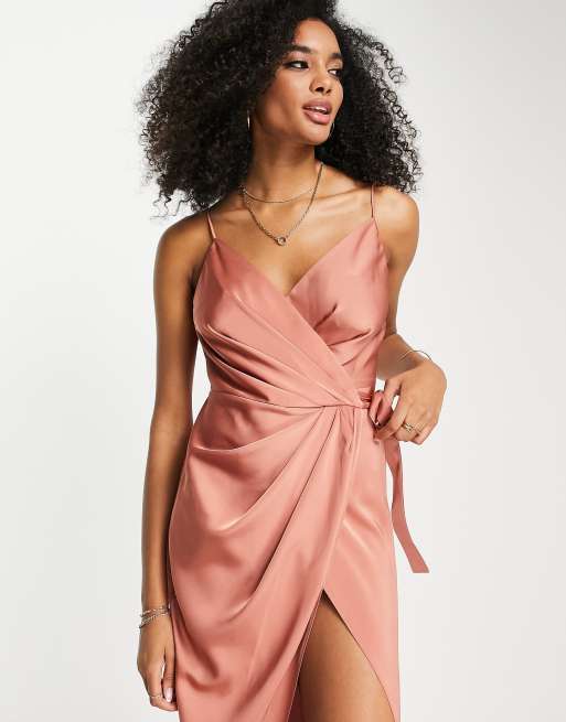 ASOS Design Satin Bandeau Midi Dress with Drape Twist Detail in Hot Pink