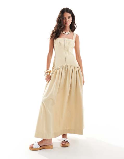 ASOS DESIGN midi zip front corset hem twill smock dress in stone - view 1
