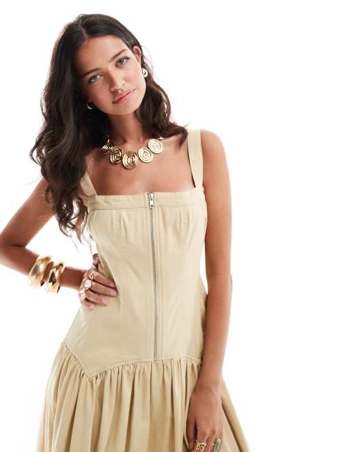 corset smock dress ASOS DESIGN midi zip front corset hem twill smock dress in stone