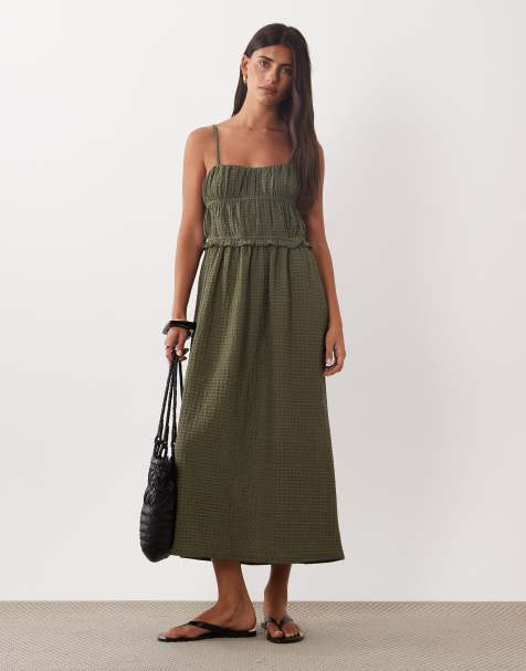 ASOS DESIGN midi zomerjurk met structuur in kaki - view 1