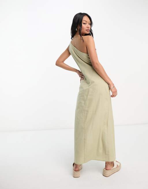 ASOS DESIGN - Midi zomerjurk van linnen met blote schouder en dijsplit in kaki, 2 van 4