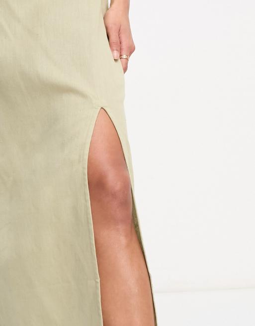 ASOS DESIGN - Midi zomerjurk van linnen met blote schouder en dijsplit in kaki, 3 van 4
