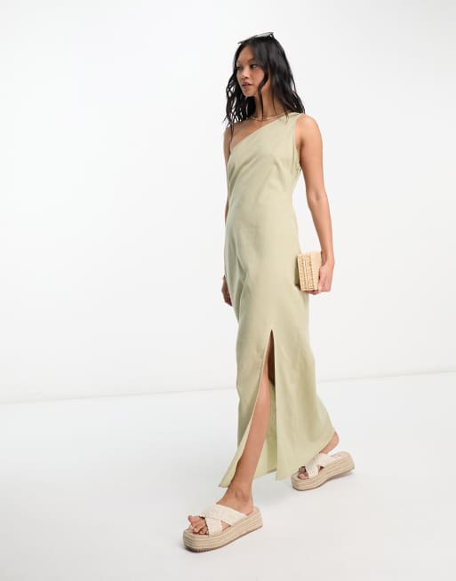 ASOS DESIGN - Midi zomerjurk van linnen met blote schouder en dijsplit in kaki, 4 van 4
