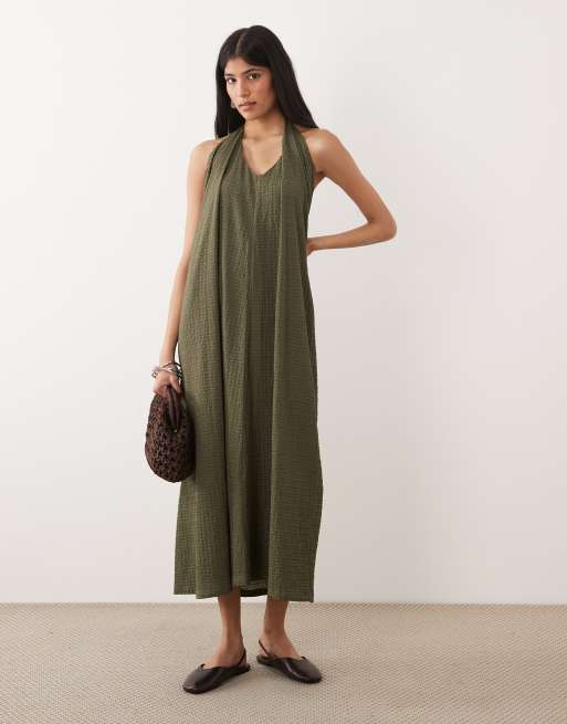 ASOS DESIGN - Midi zonnejurk met blote schouder en textuur in kaki, 3 van 4