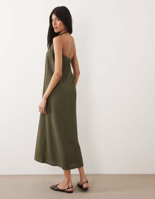 ASOS DESIGN - Midi zonnejurk met blote schouder en textuur in kaki, 4 van 4