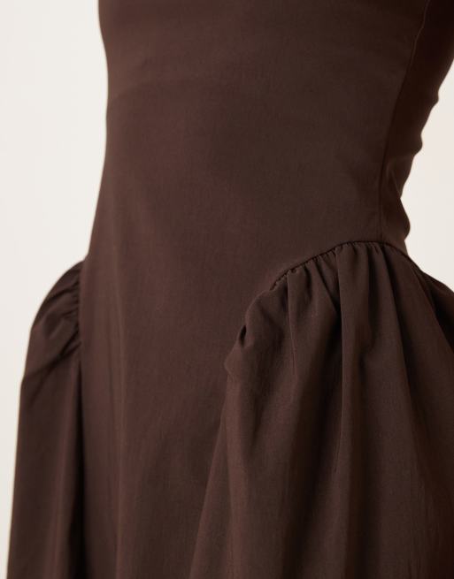 ASOS DESIGN - Midi zonnejurk met vierkante hals en kapmouwtjes in chocoladebruin, 3 van 4