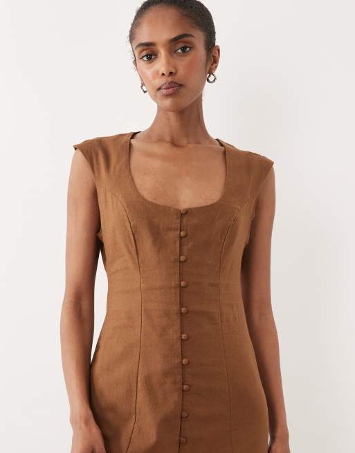 ASOS DESIGN - Midi-zonnejurk met vierkante hals en knoopsluiting in warm chocoladebruin, 3 van 4
