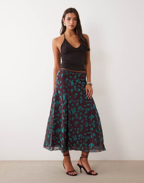 ASOS DESIGN midikjol i flockad mesh med plommonfärgat och blått blommönster - view 1