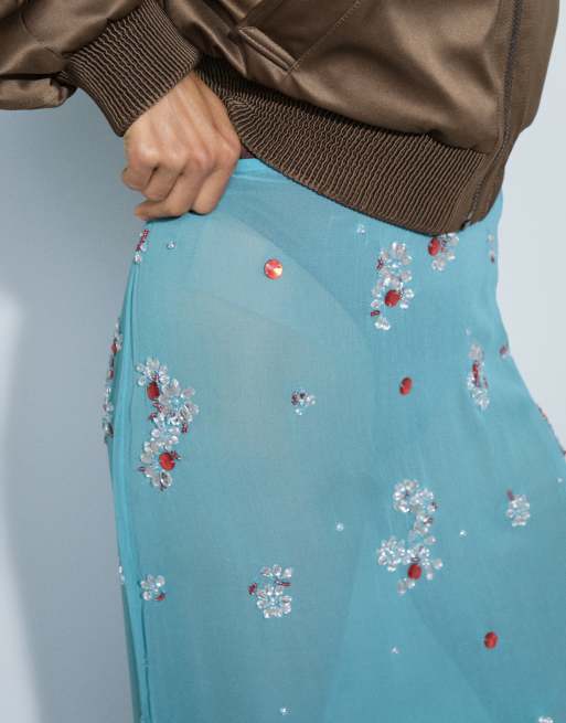 ASOS DESIGN midikjol med utsmyckning och spets i turkos, 4 av 9