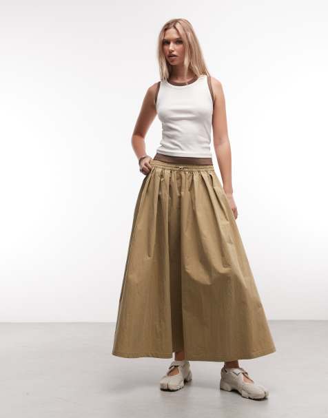 ASOS DESIGN midikjol med volym, dragsko i midjan, camel - view 1
