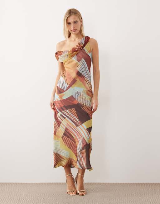 ASOS DESIGN - Midikjole i chiffon med snoet sænket skulder og abstrakt print, 2 af 4