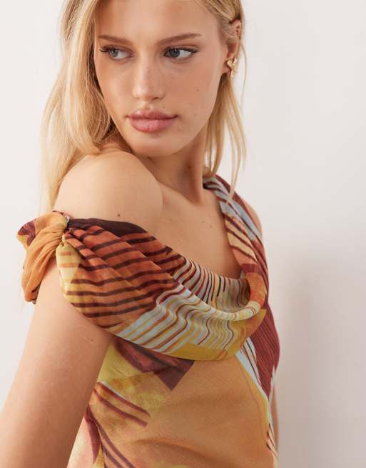 ASOS DESIGN - Midikjole i chiffon med snoet sænket skulder og abstrakt print, 3 af 4