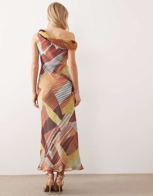ASOS DESIGN - Midikjole i chiffon med snoet sænket skulder og abstrakt print, 4 af 4