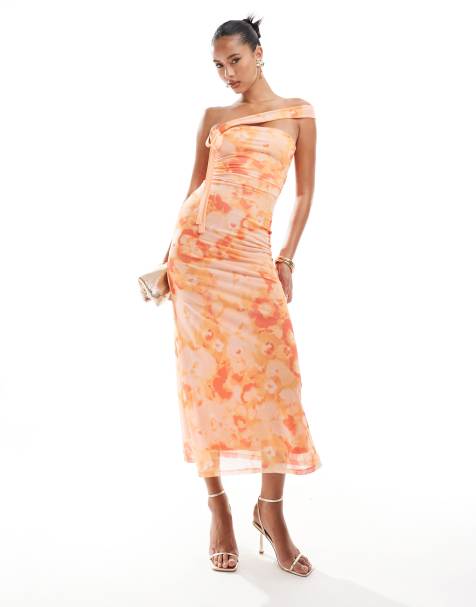 ASOS DESIGN - Midikjole i mesh med orange blomsterprint og bandeausnit samt asymmetrisk stropdetalje - view 1