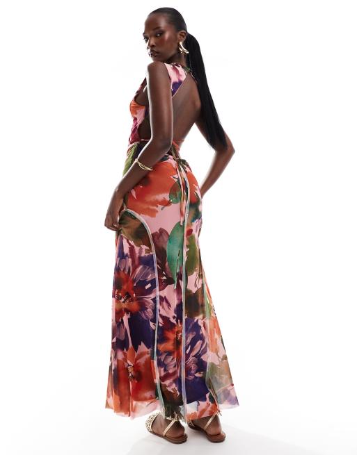 ASOS DESIGN - Midikjole med bar ryg og synlige sømme i mesh med farverigt blomsterprint, 3 af 4