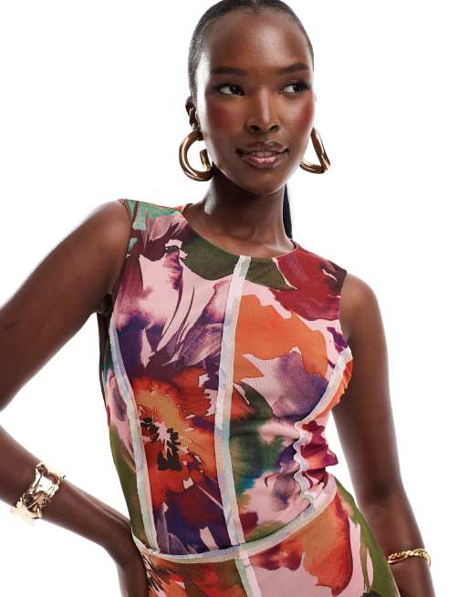 ASOS DESIGN - Midikjole med bar ryg og synlige sømme i mesh med farverigt blomsterprint, 4 af 4