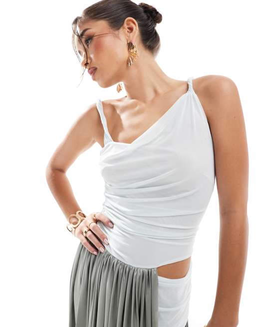 ASOS DESIGN - Midikjole med blåt/gråt farveblok-design og draperet satin-nederdel , 4 af 4
