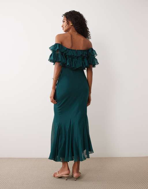 ASOS DESIGN midikjole med blondemix, bardot-snit, offshoulder og flæser i teal, 4 af 4