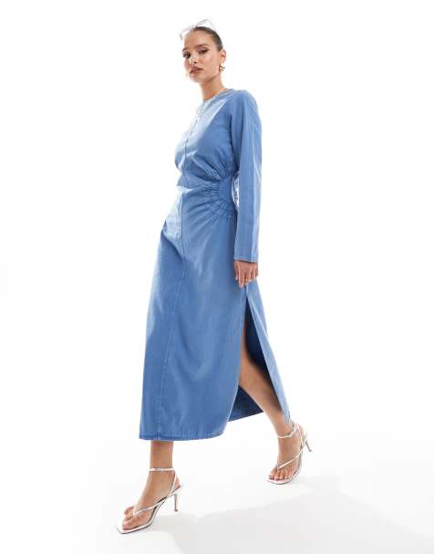 ASOS DESIGN - Midikjole med cirkeldetaljer i siderne i vasket denimtwill i blå syrevask - view 1