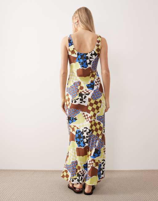 ASOS DESIGN - Midikjole med dyb rund hals og bindebånd foran samt print med tern og blomstermønster, 4 af 4