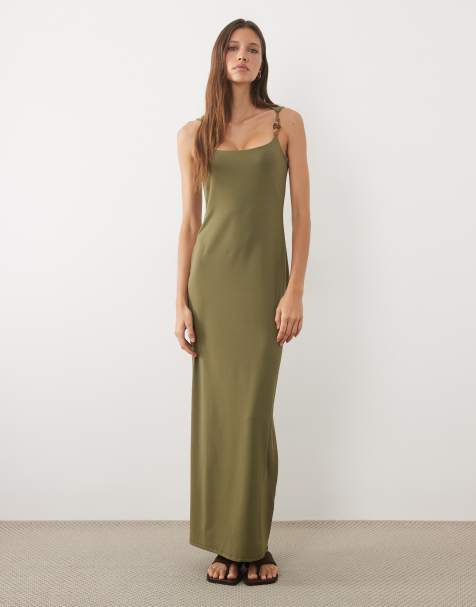 ASOS DESIGN midikjole med dyb rund hals og perledetalje i khaki - view 1