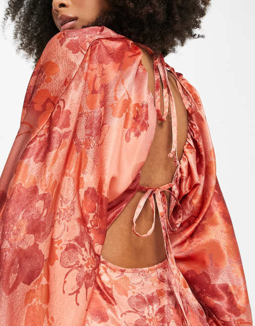 ASOS DESIGN - Midikjole med flagermusærmer og blomstermønster i brændt orange satin, 2 af 4