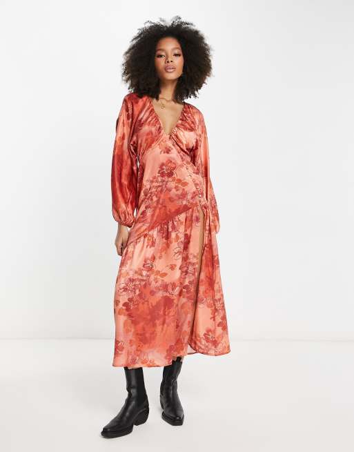 ASOS DESIGN - Midikjole med flagermusærmer og blomstermønster i brændt orange satin, 3 af 4