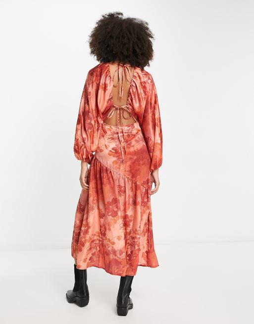 ASOS DESIGN - Midikjole med flagermusærmer og blomstermønster i brændt orange satin, 4 af 4