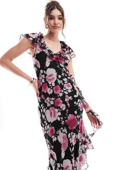 ASOS DESIGN - Midikjole med flagrende ærmer og flæser i mørkt blomsterprint, 2 af 4