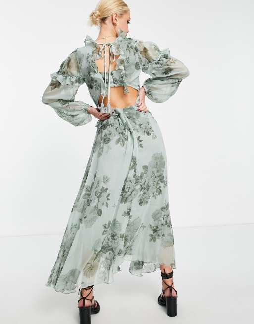 ASOS DESIGN - Midikjole med flæsedetaljer og dyb udskæring med bindebånd i grønt blomsterprint, 2 af 4