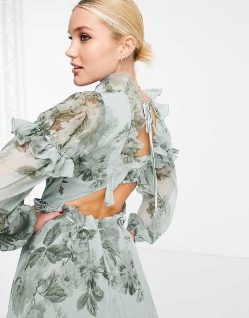 ASOS DESIGN - Midikjole med flæsedetaljer og dyb udskæring med bindebånd i grønt blomsterprint, 3 af 4