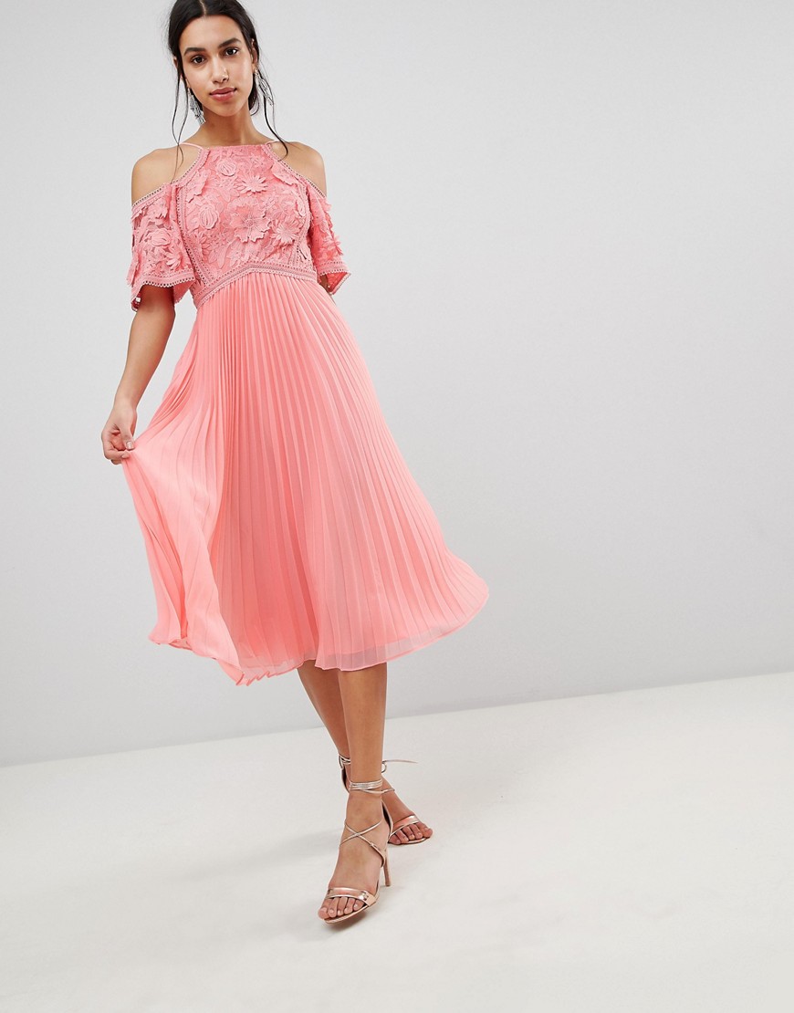 ASOS DESIGN – midikjole med guipure-blondetop og plisseret nederdel-Pink