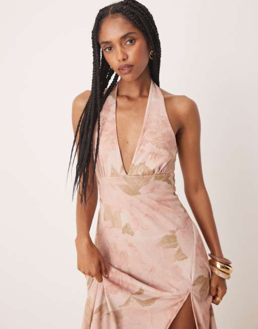 ASOS DESIGN - Midikjole med halterneck, frontslids og lyserødt vintage-blomstermønster, 2 af 4