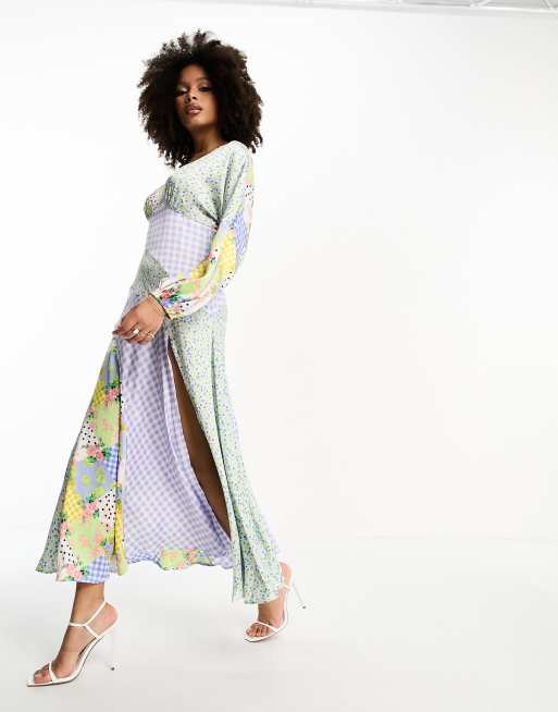 ASOS DESIGN - Midikjole med sømdetalje i satin med blandet print, 3 af 4