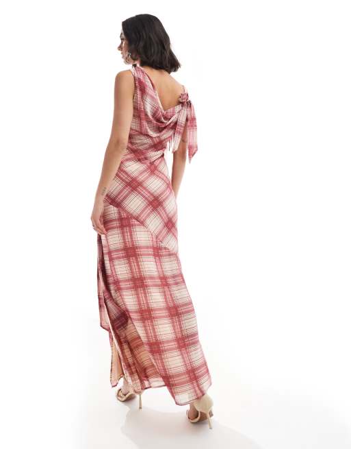 ASOS DESIGN - Midikjole med ternet print og vandfaldsudskæring samt sløjfedetalje, 3 af 4