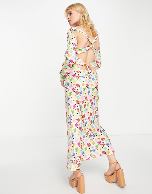 ASOS DESIGN - Midikjole med udskæringer på ryggen i blomstret jacquard i satinstil, 2 af 4